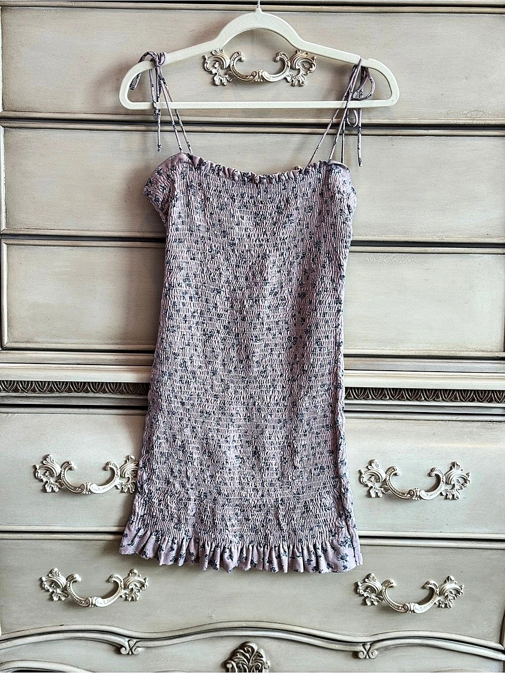 Storia Tiny Flower Print Smocked Mini Dress Floral Pink & Purple Size Small